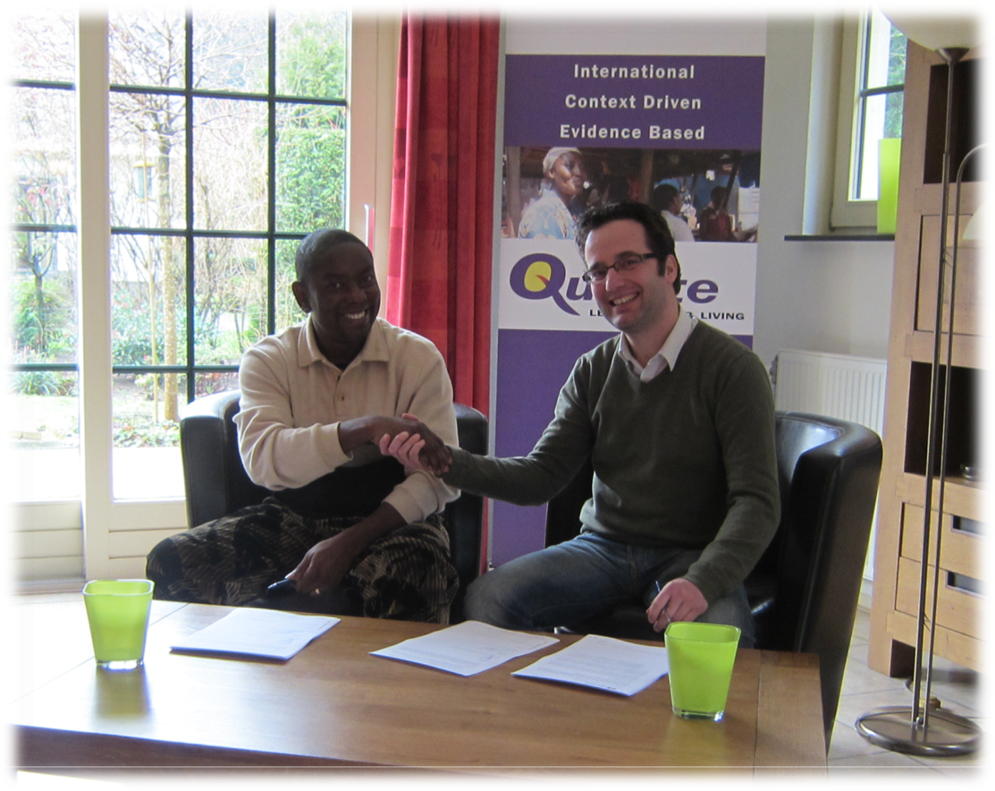 Dr. Daniel (left, Quente Africa) & Professor Lans (right, Quente V.O.F) signing the Franchise Deal at Wageningen, The Netherland